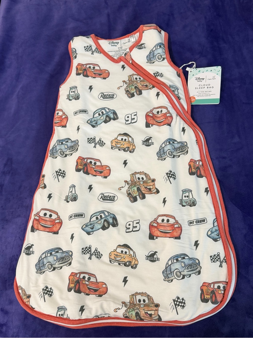 Disney Cars Ultra soft Baby Sleep Sack - White with Orange Trim Size 0-6 mo
